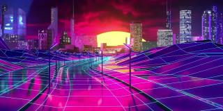 视觉化的电子游戏与未来的视觉现代城市。资料片。道路、山丘和城市摩天大楼的霓虹灯