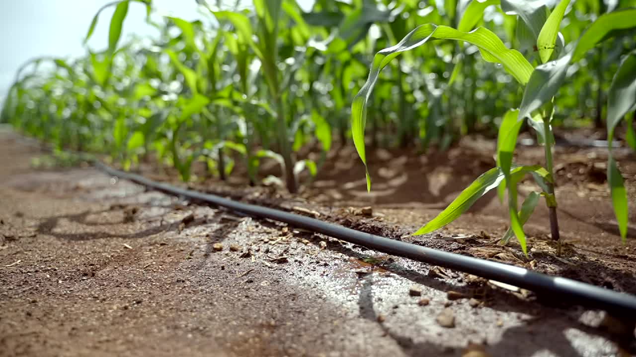 在农场安装滴灌系统，通过让水慢慢滴到植物的根部，有节约水和营养的潜力。通过阀门和管道网络来分配水。