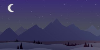 星星和月亮的夜晚-卡通动画的一幅画与美丽的自然景观与山，树木和黑暗的天空宇宙