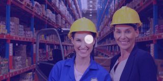 网络档案图标反对女主管和工人在仓库微笑的肖像
