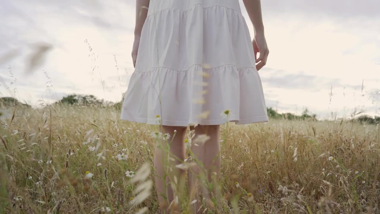 电影慢镜头与底部视角的POV场景，无法辨认的年轻女子与波西米亚白裙子走在高高的草地鲜花在日落看着地平线。春天和夏天