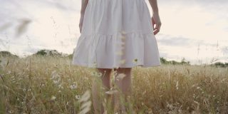 电影慢镜头与底部视角的POV场景，无法辨认的年轻女子与波西米亚白裙子走在高高的草地鲜花在日落看着地平线。春天和夏天