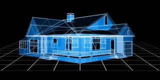 动画数字图标漂浮在三维房屋模型的背景