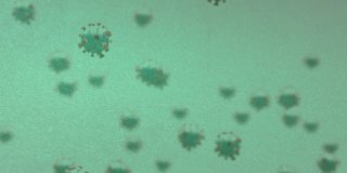 绿色背景的骰子上漂浮着新冠病毒细胞和警告标志的动画