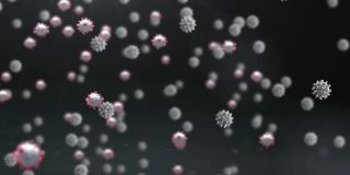 在灰色背景上，新冠病毒细胞漂浮在骰子上的动画