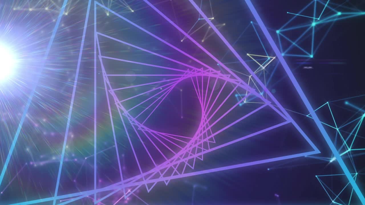动画紫色发光的霓虹灯隧道旋转在蓝色的背景
