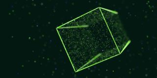 摘要发光绿色粒子形成三维物体。Vj循环作为虚拟数字空间的bg。粒子形成全息影像的形状，作为大数据、网络或vr空间的概念。科幻运动设计bg。