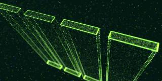 摘要发光绿色粒子形成三维物体。一系列的矩形。Vj循环作为虚拟数字空间的bg。粒子形成全息影像的形状，作为大数据、网络或vr空间的概念。科幻bg。