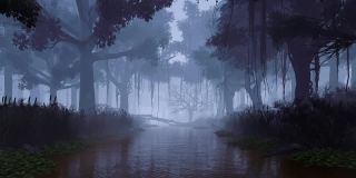 梦幻森林与幽灵树和平静的河流在夜间3D动画