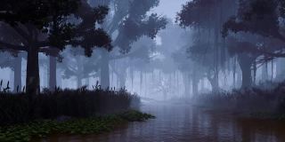 幽灵森林与树的剪影河岸在雾夜3D