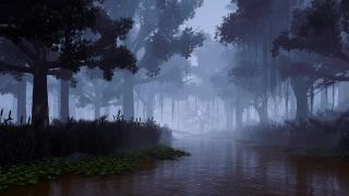 幽灵森林与树的剪影河岸在雾夜3D视频素材模板下载