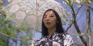 中景美丽的年轻苗条的亚洲女人带着白色太阳伞和服站在阳光明媚的春天在公园四处看在慢动作触摸头发。自然美景的概念。