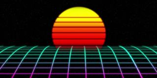 复古的未来科幻夜城无缝循环。80年代VJ合成波运动背景霓虹灯，太阳和星星。程式化的4K老式蒸汽波风格3D动画视频游戏和音乐视频