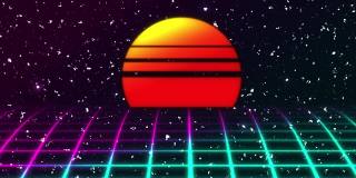 复古的未来科幻夜城无缝循环。80年代VJ合成波运动背景霓虹灯，太阳和星星。