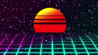 复古的未来科幻夜城无缝循环。80年代VJ合成波运动背景霓虹灯，太阳和星星。视频素材模板下载