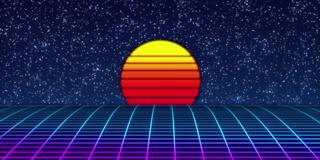 复古的未来科幻夜城无缝循环。80年代VJ合成波运动背景霓虹灯，太阳和星星。程式化的4K老式蒸汽波风格3D动画视频游戏和音乐视频