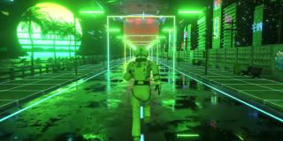 一名宇航员在霓虹灯闪烁的城市里奔跑。80年代的背景。复古的风格。未来的概念。3D动画无缝循环