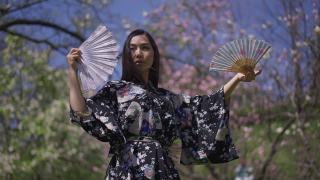 年轻苗条的日本女子手拿扇子慢动作跳舞。美丽的亚洲舞者穿着和服在公园里享受阳光明媚的春天。视频素材模板下载