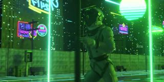 一名宇航员在霓虹灯闪烁的城市里奔跑。80年代的背景。复古的风格。未来的概念。3D动画无缝循环