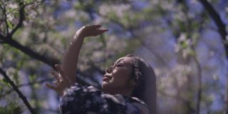 美丽的亚洲女子在阳光下盛开的樱花花园跳舞。自信苗条迷人的女士在和服移动的手看别处。灵感和女性概念。