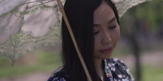 特写迷人害羞的亚洲年轻女子拿着白色太阳伞摇扇微笑。美丽的日本千禧一代穿着和服，在春天的户外公园享受阳光。