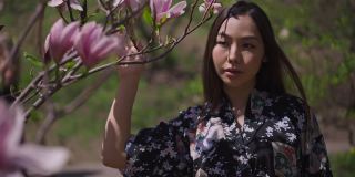 年轻的亚洲女子穿着和服慢动作走在樱花花园触摸树枝上的粉红色花朵。在阳光明媚的户外公园里，美丽迷人的女士欣赏大自然的美景。