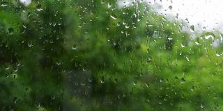 雨滴落在窗户上的4K原始视频，在绿树摇曳的散景背景下特写。
