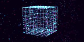 摘要发光粒子在空间中形成三维物体。多维数据集。Vj循环作为虚拟数字空间的bg。粒子形成全息影像的形状，作为大数据、网络或vr空间的概念。科幻运动设计bg。