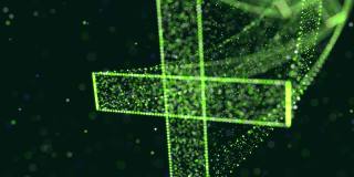 摘要发光绿色粒子形成三维物体。十字架。Vj循环作为虚拟数字空间的bg。粒子形成全息影像的形状，作为大数据、网络或vr空间的概念。科幻运动设计bg。