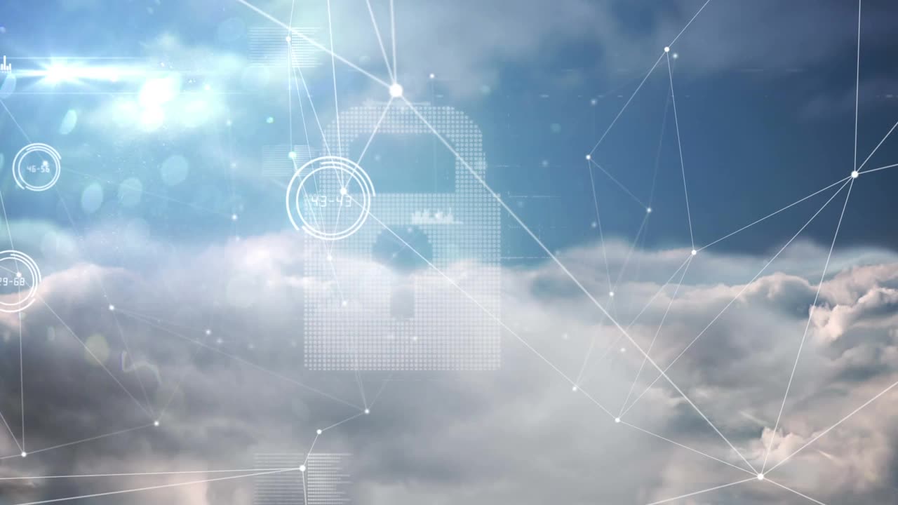 数字动画的网络连接安全挂锁图标在蓝天白云