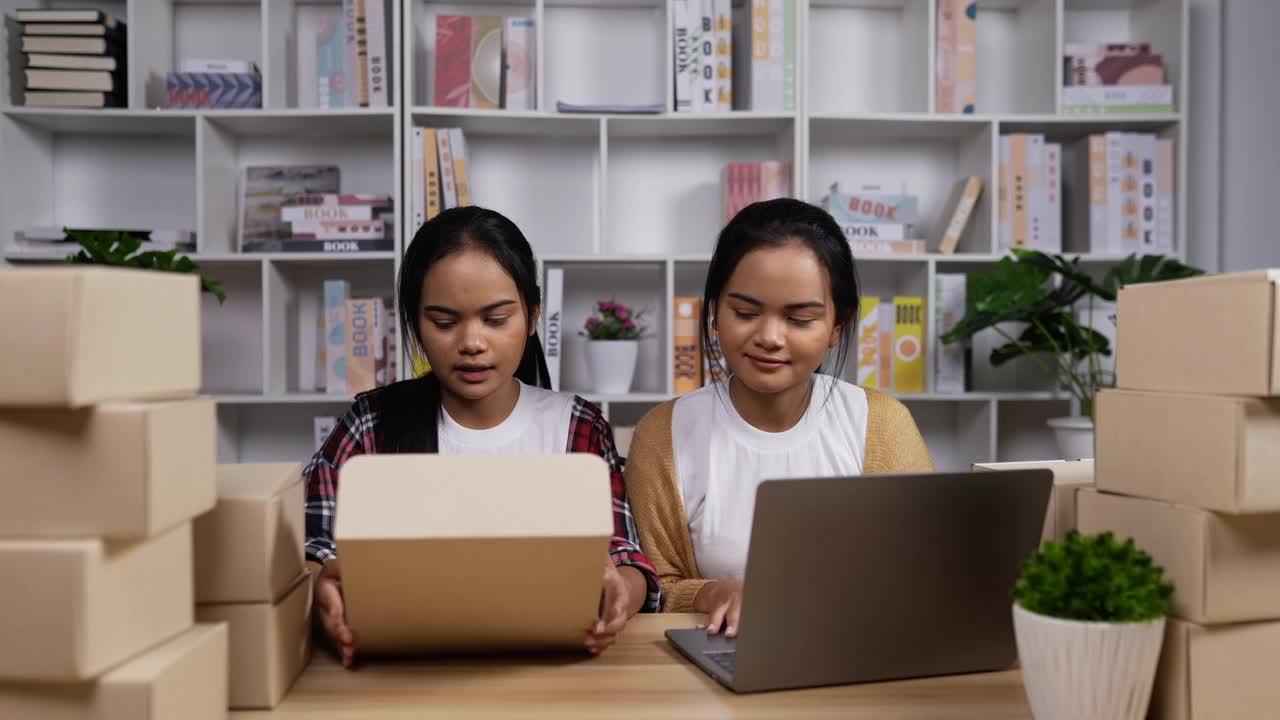 双胞胎女孩用笔记本电脑查看订单