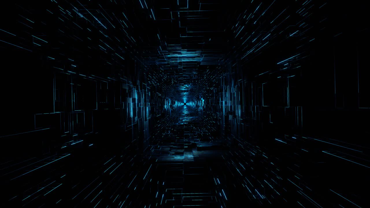 进入宇宙网结构，霓虹灯蓝色方形科幻隧道。VJ循环