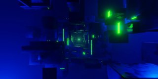 3d抽象技术在外层空间用蓝色雾中的绿色闪烁灯环绕立方体