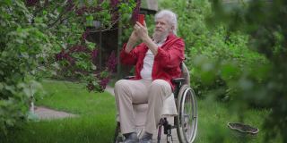 开朗的残疾老人在春夏季花园与盛开的大树自拍。快乐正面白种人老人的肖像享受大自然的户外。缓慢的运动。