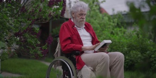 绝望沮丧的残疾人坐在轮椅上看着照片，叹息着，思考着。宽镜头的照片，绝望沮丧的白人退休回忆在春天的花园户外。