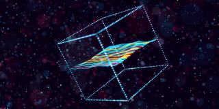 摘要发光粒子在空间中形成三维物体。多维数据集。Vj循环作为虚拟数字空间的bg。粒子形成全息影像的形状，作为大数据、网络或vr空间的概念。科幻运动设计bg。