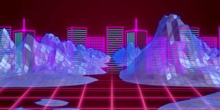 游戏开始文字霓虹灯的3d山结构和霓虹灯城市景观的红色背景
