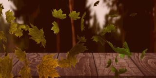 数字动画的多秋叶漂浮在木材表面对森林