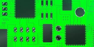 在绿色背景的微处理器连接上，霓虹灯横幅上的文字已经完成