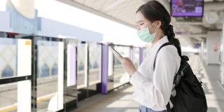 亚洲职业女性乘坐交通/轻轨时戴口罩预防新冠病毒。在新冠肺炎疫情情况下，外出工作时要注意。保持社交距离是为了安全