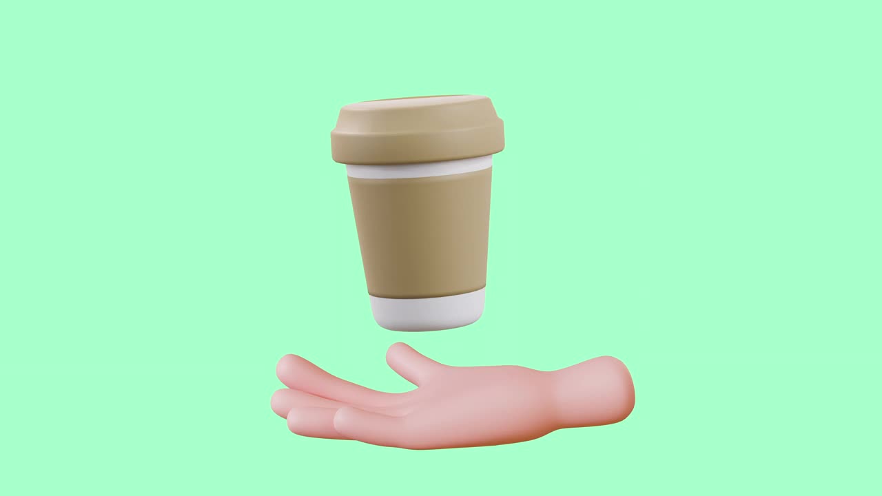 3d咖啡杯与绿色背景在手。通道哑光组成。概念:背景，图标，醒来，食物和饮料。