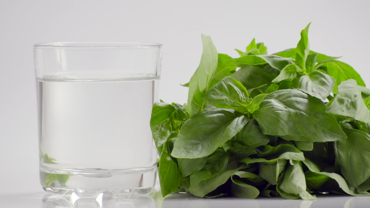 叶绿素提取物和罗勒倒在纯净的水在玻璃的白色背景和绿色有机罗勒草本。种植新鲜植物健康食物超级食物概念，排毒饮食，慢动作