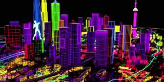 3 d动画。未来反乌托邦上海城市鸟瞰图，投射到赛博朋克建筑上