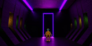 未来科幻小说中黑暗的空房间。紫色霓虹灯发光。地板与反射三维渲染动画。戴着虚拟现实眼镜的男人。概念网络朋克