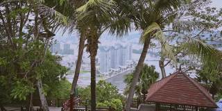 从鹿回头公园俯瞰海南三亚市，当地的房屋、豪华酒店和建筑。亚洲夏日度假天堂。阴沉的暴风雨天气，棕榈树在风中摇曳。