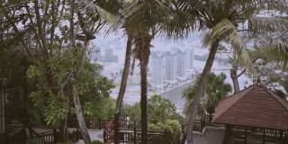 从鹿回头公园俯瞰海南三亚市，当地的房屋、豪华酒店和建筑。亚洲夏日度假天堂。阴沉的暴风雨天气，棕榈树在风中摇曳。