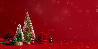 圣诞快乐，新年快乐雪花和雪花飘落在红色的背景与圣诞树和松果。横幅模型空间用于展示产品或设计或文本