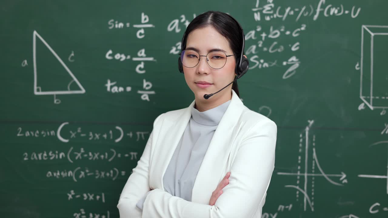 年轻的亚洲女教师站着，双臂交叉，与学生进行视频会议。女教师从网络课程培训数学课堂黑板。