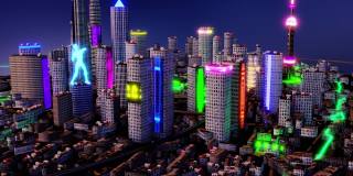 3 d渲染。未来反乌托邦上海城市鸟瞰图，投射到赛博朋克建筑上