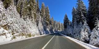 在冬天，沿着白雪皑皑的森林，行驶在空旷的道路上